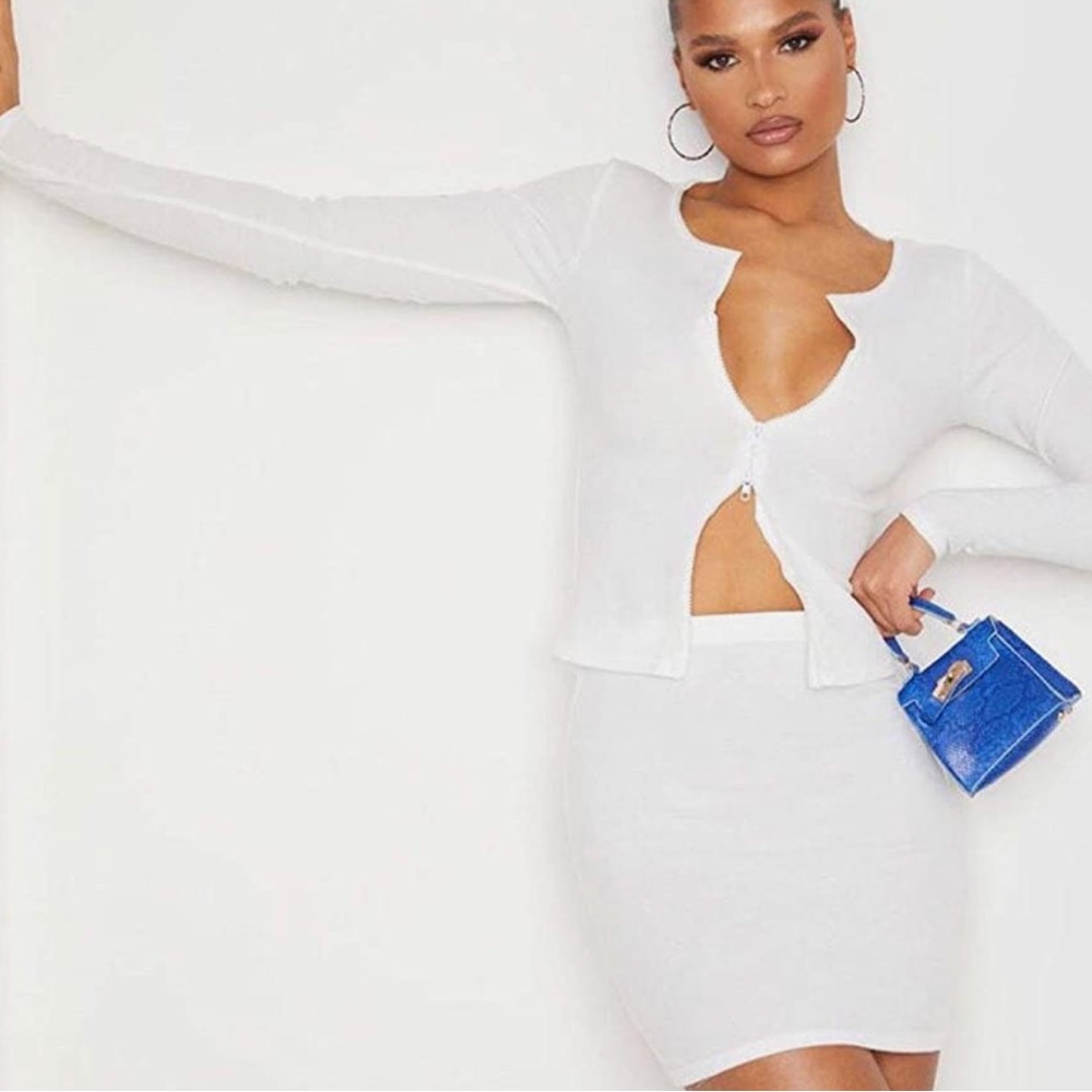 White Ribbed Matching Set - Zip up top
